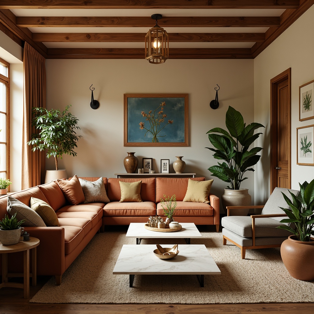 Prompt: Cozy living room, warm beige walls, rich walnut wood furniture, plush velvet sofas, soft golden lighting, vintage bronze accents, earthy terracotta planters, natural woven rugs, calming blue-green artwork, serene botanical prints, creamy white marble coffee tables, delicate glass vases, rustic wooden shelves, inviting atmosphere, intimate seating areas, layered textiles, organic color harmony, 1/2 composition, warm soft focus, realistic material textures.