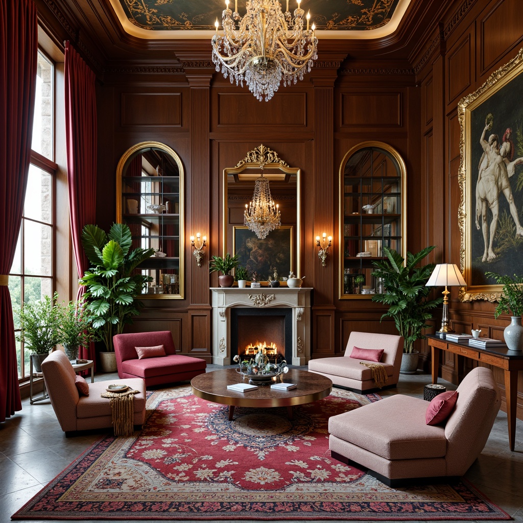 Prompt: Ornate mirrors, crystal chandeliers, lavish furnishings, plush area rugs, velvet drapes, gold accents, marble floors, intricate moldings, ornamental vases, exotic plants, statement artwork, luxurious fabrics, rich wood tones, sophisticated color palette, dramatic lighting effects, cozy reading nooks, elegant archways, refined architectural details.