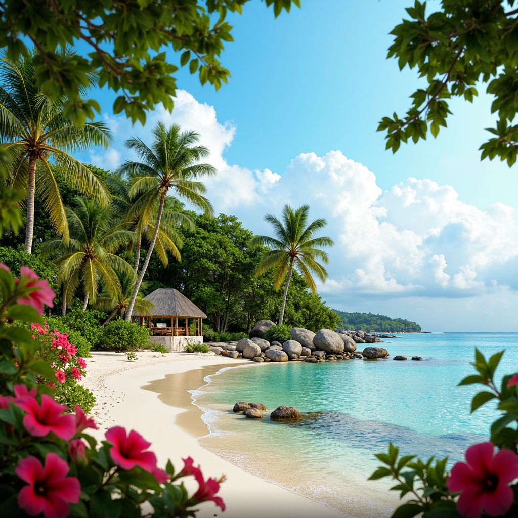 Prompt: Vibrant tropical island, lush green palm trees, exotic hibiscus flowers, warm sandy beaches, crystal-clear turquoise water, colorful coral reefs, bright sunny day, soft warm lighting, shallow depth of field, 3/4 composition, panoramic view, realistic textures, ambient occlusion, pastel color palette, creamy whites, rich turquoises, juicy pinks, lime greens, sunny yellows.