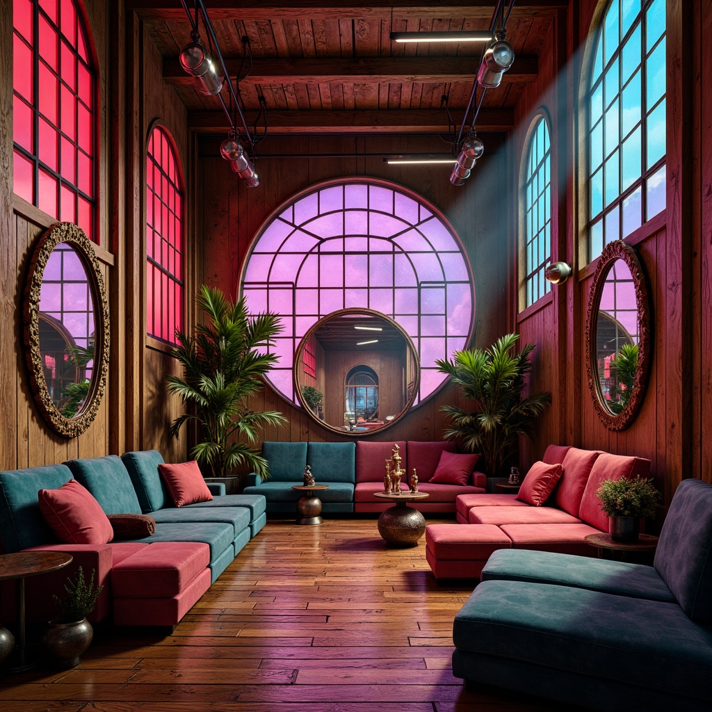 Prompt: Retro-futuristic interior, bold geometric patterns, vibrant neon colors, distressed wood textures, industrial metal accents, abstract sculptures, eclectic furniture arrangements, ornate mirrors, lavish velvet fabrics, dramatic spotlights, cinematic shadows, high-contrast lighting, fragmented reflections, 1/1 composition, shallow depth of field, realistic ambient occlusion.