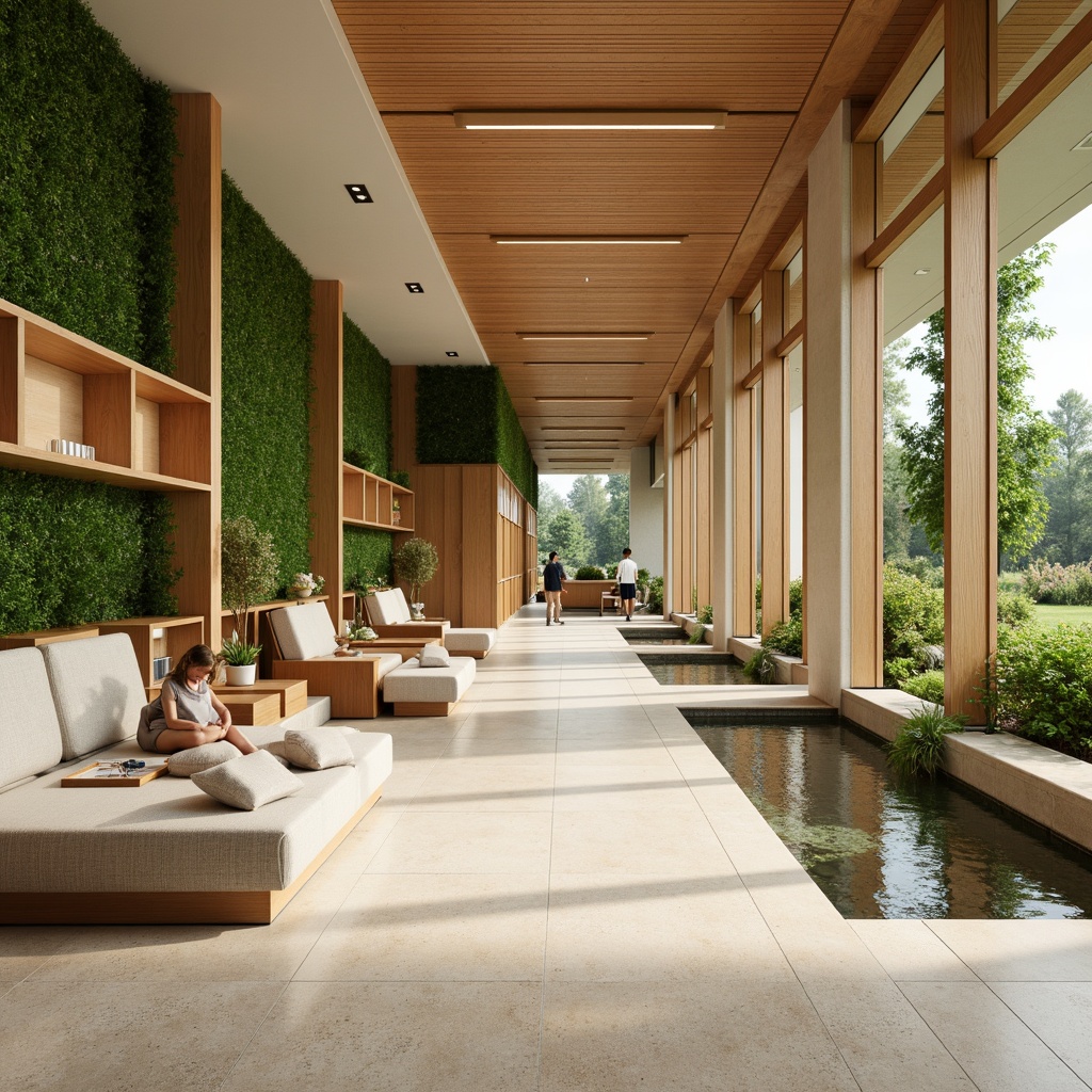 Prompt: Calming healthcare facility, natural wood accents, soft pastel colors, organic textures, comfortable seating areas, lush green walls, soothing water features, warm beige flooring, gentle diffused lighting, peaceful ambiance, minimal ornamentation, functional simplicity, calming soundscapes, serene atmosphere, holistic approach.