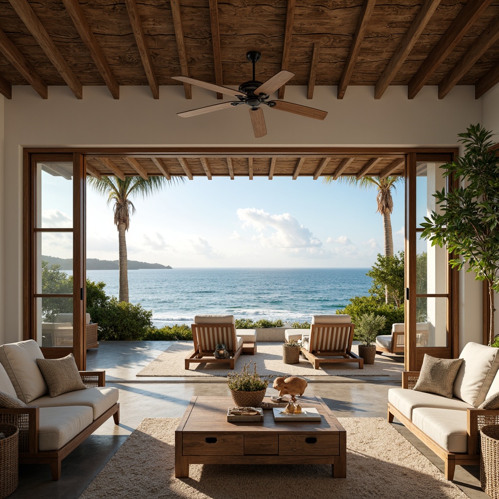 Prompt: Coastal villa, ocean views, floor-to-ceiling windows, sliding glass doors, natural textiles, woven fibers, driftwood accents, sea-salt air, soft warm lighting, shallow depth of field, 3/4 composition, panoramic view, realistic textures, ambient occlusion, beachy color palette, calming atmosphere, seaside tranquility, gentle breeze, sound of waves, natural stone floors, reclaimed wood furniture, nautical decor, rope details, porthole windows, distressed finishes, weathered wooden planks.