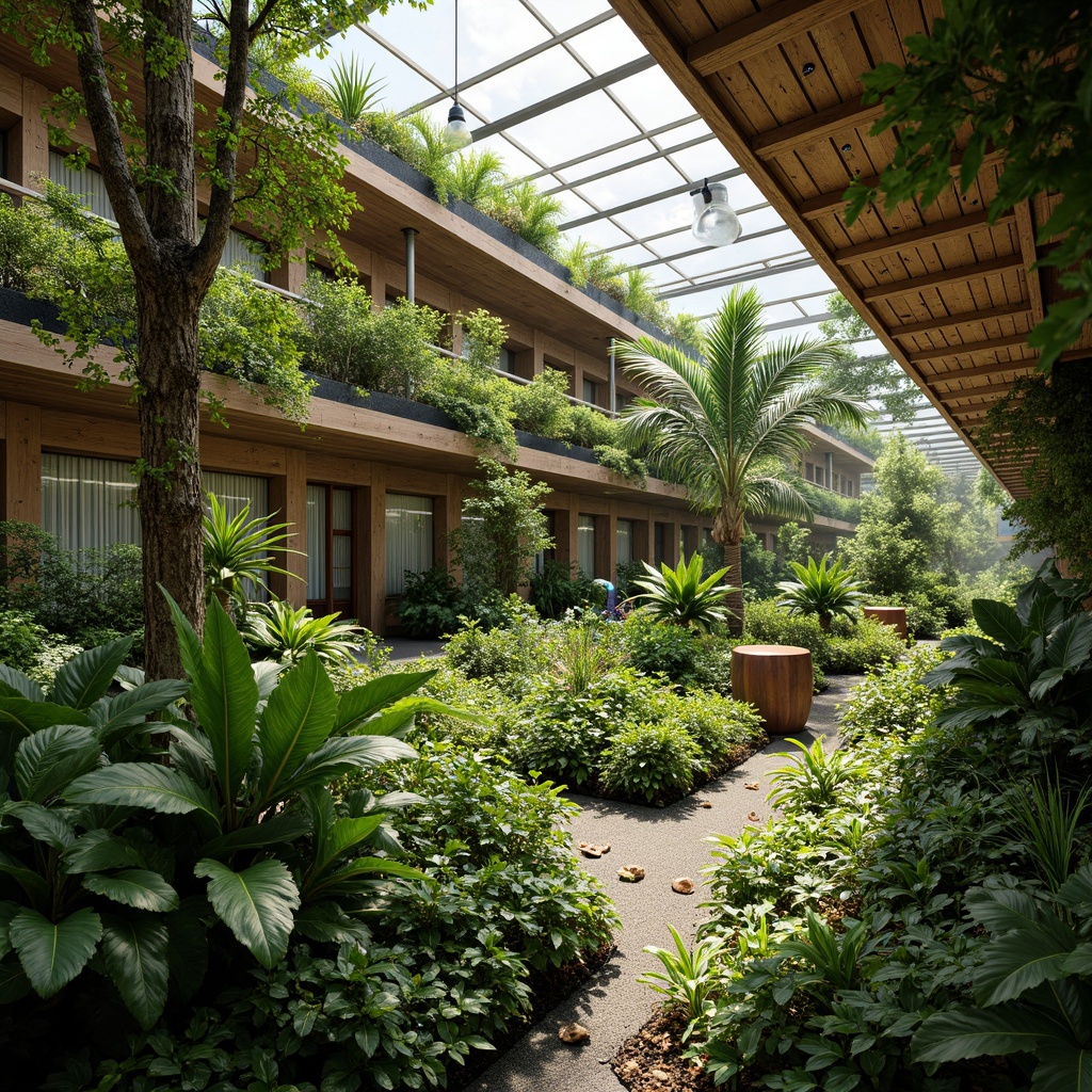 Prompt: Lush greenery, tropical plants, natural ventilation, solar-powered irrigation, rainwater harvesting, recycled wood frames, energy-efficient glass, living walls, green roofs, organic gardening tools, composting systems, misting systems, warm wooden accents, earthy color palette, abundant natural light, soft diffused lighting, shallow depth of field, 1/1 composition, realistic textures, ambient occlusion.