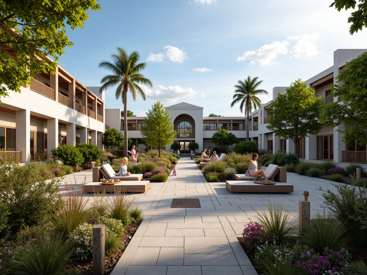 Prompt: Campus coastal courtyard, lush tropical greenery, vibrant beach flowers, driftwood benches, nautical rope railings, sea breeze, sunny day, soft warm lighting, shallow depth of field, 3/4 composition, panoramic view, realistic textures, ambient occlusion, modern educational buildings, large windows, glass doors, wooden accents, natural stone walkways, ocean-inspired architecture, minimalist design, sustainable energy solutions, solar panels, green roofs, eco-friendly materials, innovative cooling technologies, shaded outdoor spaces, misting systems, beach-themed decorations, vibrant colorful textiles, intricate geometric motifs.