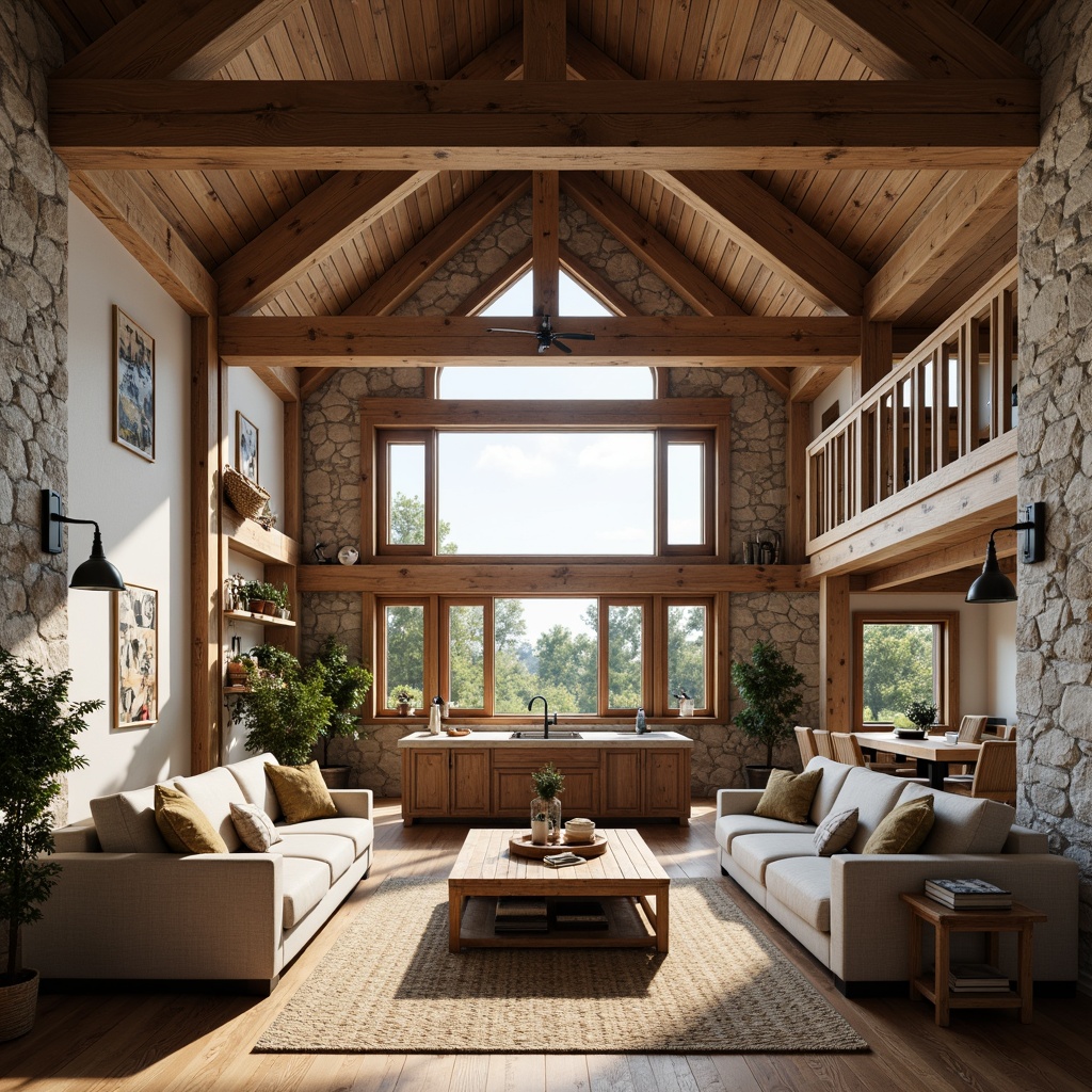 Prompt: Rustic farmhouse interior, open-plan living space, high ceilings, exposed wooden beams, natural stone walls, distressed wood flooring, vintage farm tools, comfortable plush sofas, oversized windows, soft warm lighting, country-style kitchen island, butcher-block countertops, farmhouse sink, pendant lamps, woven textiles, earthy color palette, cozy reading nook, built-in shelving, minimal ornamentation, airy atmosphere, 1/1 composition, shallow depth of field, realistic textures.