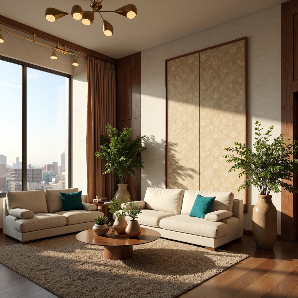 Prompt: Cozy living room, warm beige walls, plush cream-colored sofas, rich walnut wood accents, soft golden lighting, elegant modern chandeliers, vibrant turquoise throw pillows, natural fiber rugs, earthy terracotta vases, lush green potted plants, floor-to-ceiling windows, panoramic city views, 1/1 composition, soft focus, realistic textures.