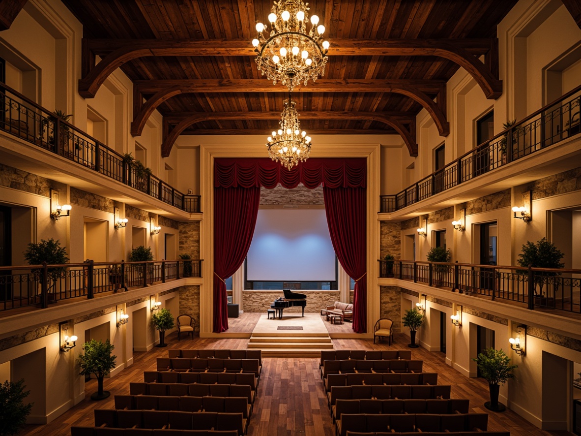 Prompt: Grand opera house, rustic farmhouse fusion, ornate chandeliers, velvet curtains, wooden beam ceilings, stone walls, lavish furnishings, grand pianos, elegant staircases, intimate performance spaces, minimal decorative lighting, warm earthy tones, natural materials, exposed brick, wooden floors, cozy nooks, soft warm glow, shallow depth of field, 1/1 composition, realistic textures, ambient occlusion.