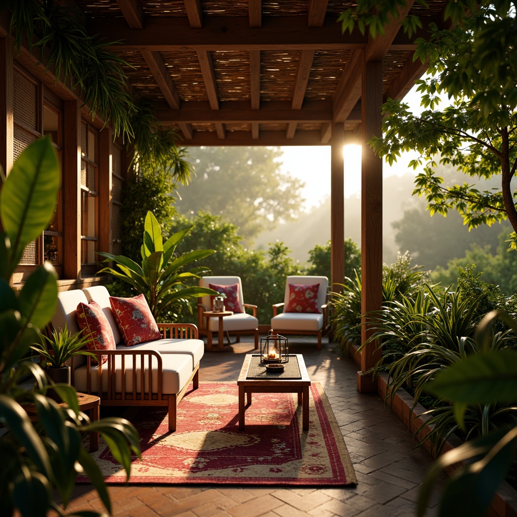 Prompt: Warm tropical atmosphere, lush green foliage, natural wood accents, woven rattan furniture, soft warm lighting, golden hour glow, candlelit ambiance, delicate lanterns, colorful textiles, vibrant island patterns, exotic botanicals, misty fog effects, shallow depth of field, 1/1 composition, realistic shadows, ambient occlusion.