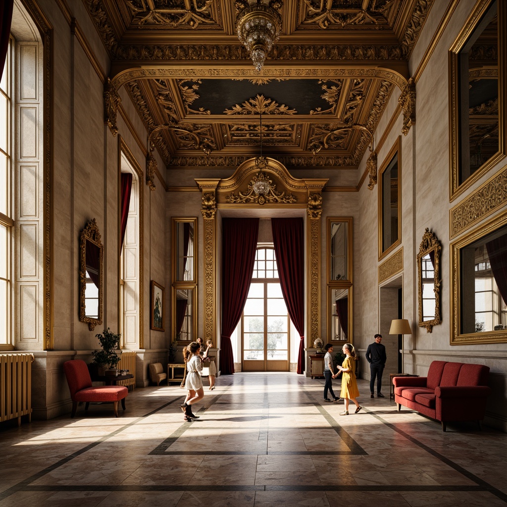 Prompt: Ornate museum facade, intricately carved stone walls, gilded bronze doors, lavish furnishings, velvet drapes, ornamental mirrors, crystal chandeliers, marble floors, intricate wooden paneling, gesso ceiling decorations, soft warm lighting, shallow depth of field, 3/4 composition, panoramic view, realistic textures, ambient occlusion.