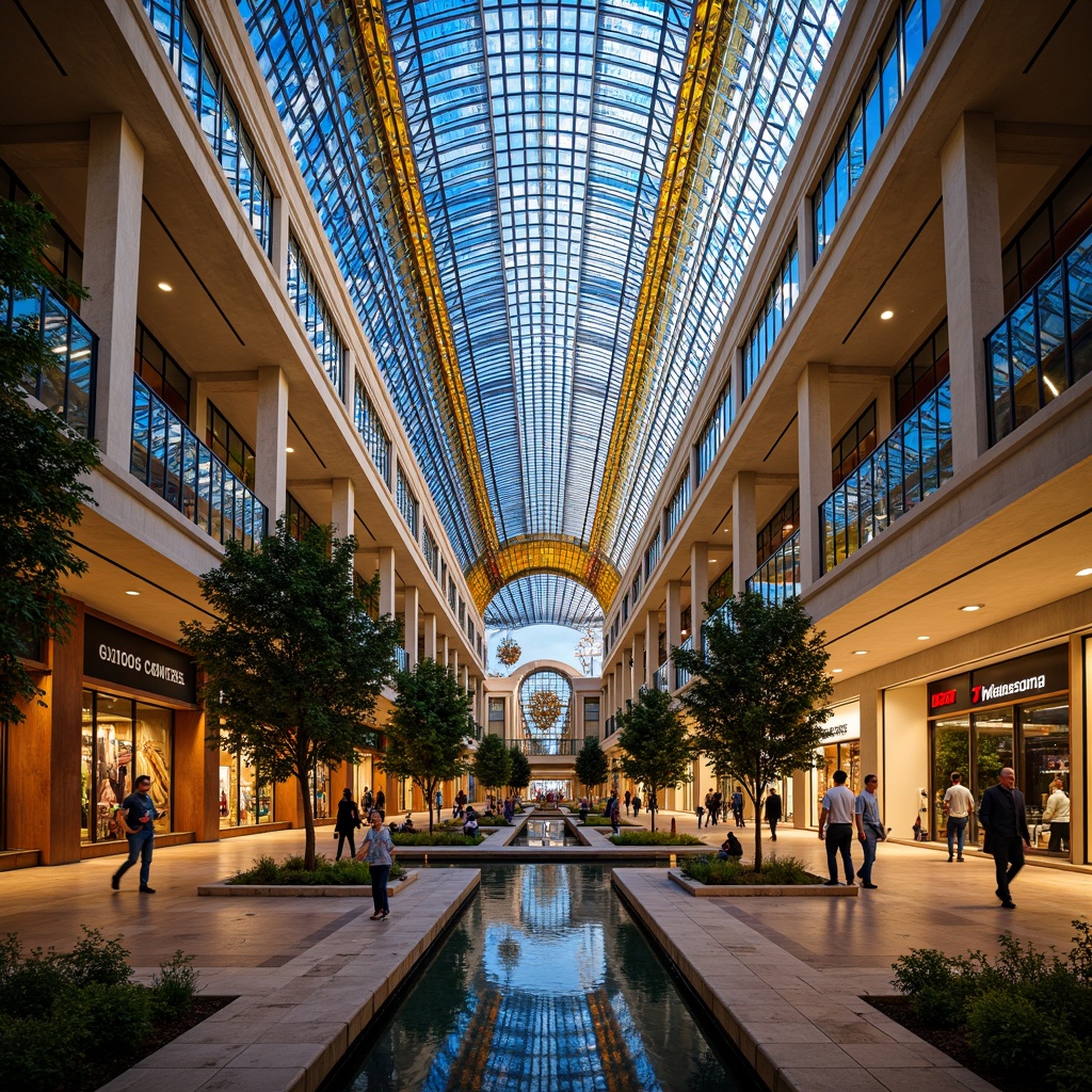 Prompt: Vibrant shopping center, stunning stained glass ceiling, kaleidoscope of colors, intricate patterns, abstract designs, natural light filtering, warm ambiance, luxurious atmosphere, high-end retail stores, marble floors, sleek metal railings, lush greenery, water features, soft background music, dramatic lighting effects, 1/1 composition, shallow depth of field, realistic textures, ambient occlusion.