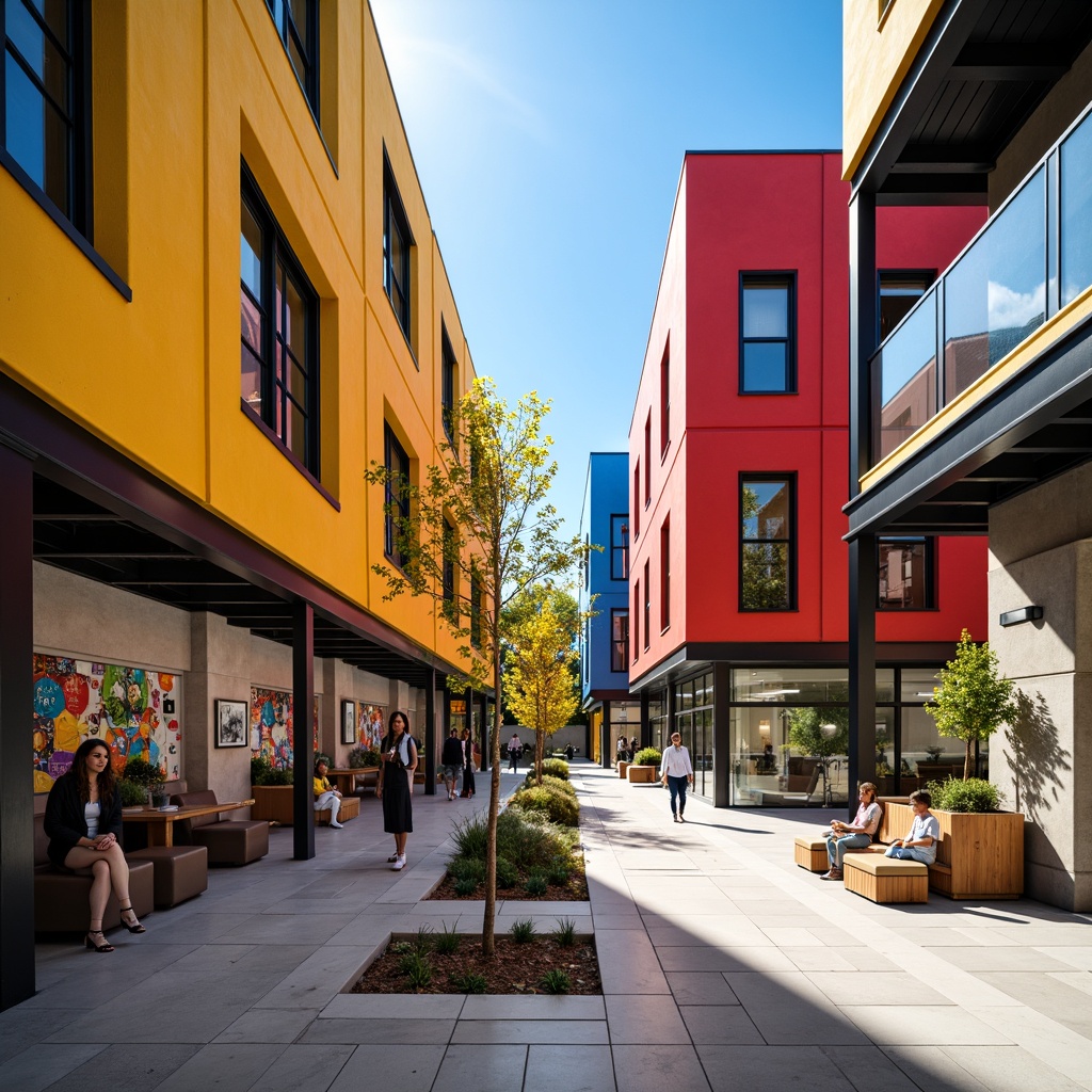 Prompt: Vibrant community center, bold geometric shapes, primary color scheme, bright red accents, deep blue tones, yellow ochre walls, black metal frames, industrial materials, functional design, open floor plans, natural light pours in, minimalist decor, educational murals, communal gathering spaces, urban landscape surroundings, sunny day, high contrast lighting, shallow depth of field, 3/4 composition, realistic textures, ambient occlusion.