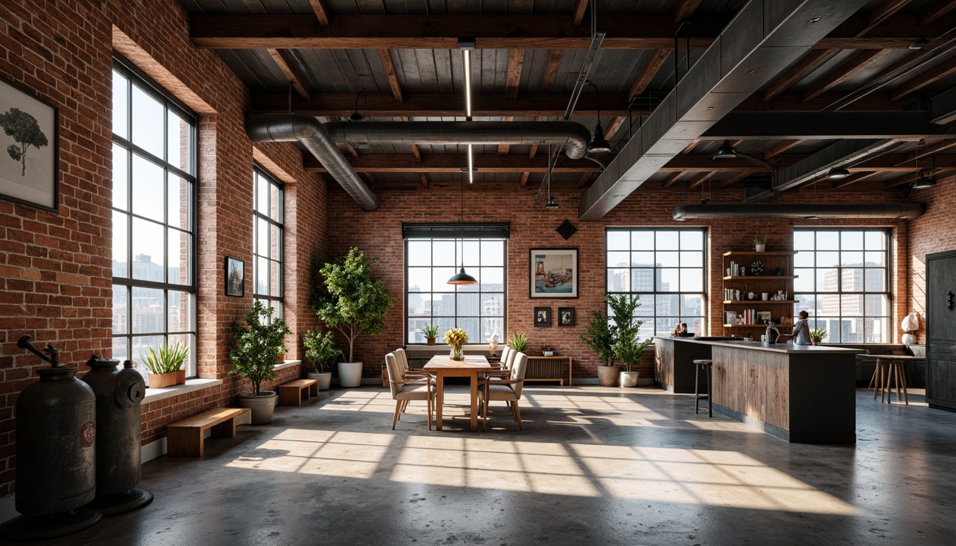 Prompt: Exposed brick walls, metal beams, industrial chic decor, reclaimed wood accents, urban loft atmosphere, high ceilings, open floor plan, modern minimalist lighting, concrete floors, functional metal pipes, distressed finishes, vintage factory machinery, eclectic art pieces, urban cityscape views, dramatic shadows, low-key warm lighting, 1/1 composition, cinematic perspective, realistic textures, ambient occlusion.