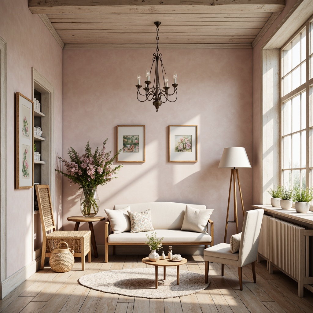 Prompt: Soft feminine decor, pastel hues, distressed wood textures, vintage accessories, lace trimmings, floral patterns, muted pink tones, creamy whites, weathered wooden floors, elegant chandeliers, ornate metal fixtures, subtle gold accents, warm beige walls, natural linen fabrics, delicate porcelain vases, rustic candle holders, whimsical illustrations, gentle lighting effects, shallow depth of field, 1/1 composition, romantic atmosphere, realistic textures.