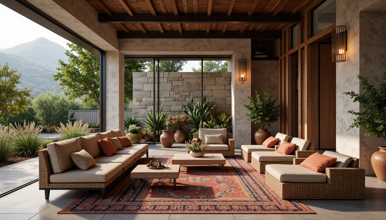 Prompt: Rustic stone walls, smooth wooden accents, velvety soft upholstery, metallic sheen, matte concrete floors, glossy glass surfaces, woven wicker furniture, intricate ceramic patterns, earthy terracotta pots, lush green foliage, natural linen fabrics, distressed wood textures, industrial metal beams, vibrant colorful rugs, ambient warm lighting, shallow depth of field, 1/1 composition, realistic material renders.