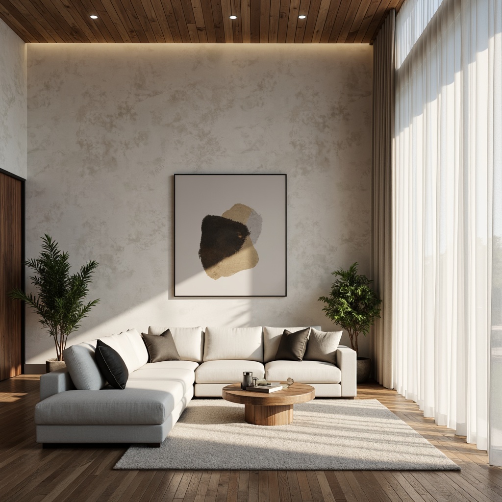 Prompt: Minimalist living room, neutral color palette, soft natural light, textured stone walls, wooden flooring, sleek low-profile furniture, subtle geometric patterns, monochromatic tone-on-tone decor, abstract artwork, floor-to-ceiling windows, sheer white curtains, ambient warm lighting, shallow depth of field, 1/2 composition, realistic textures, soft focus blur.