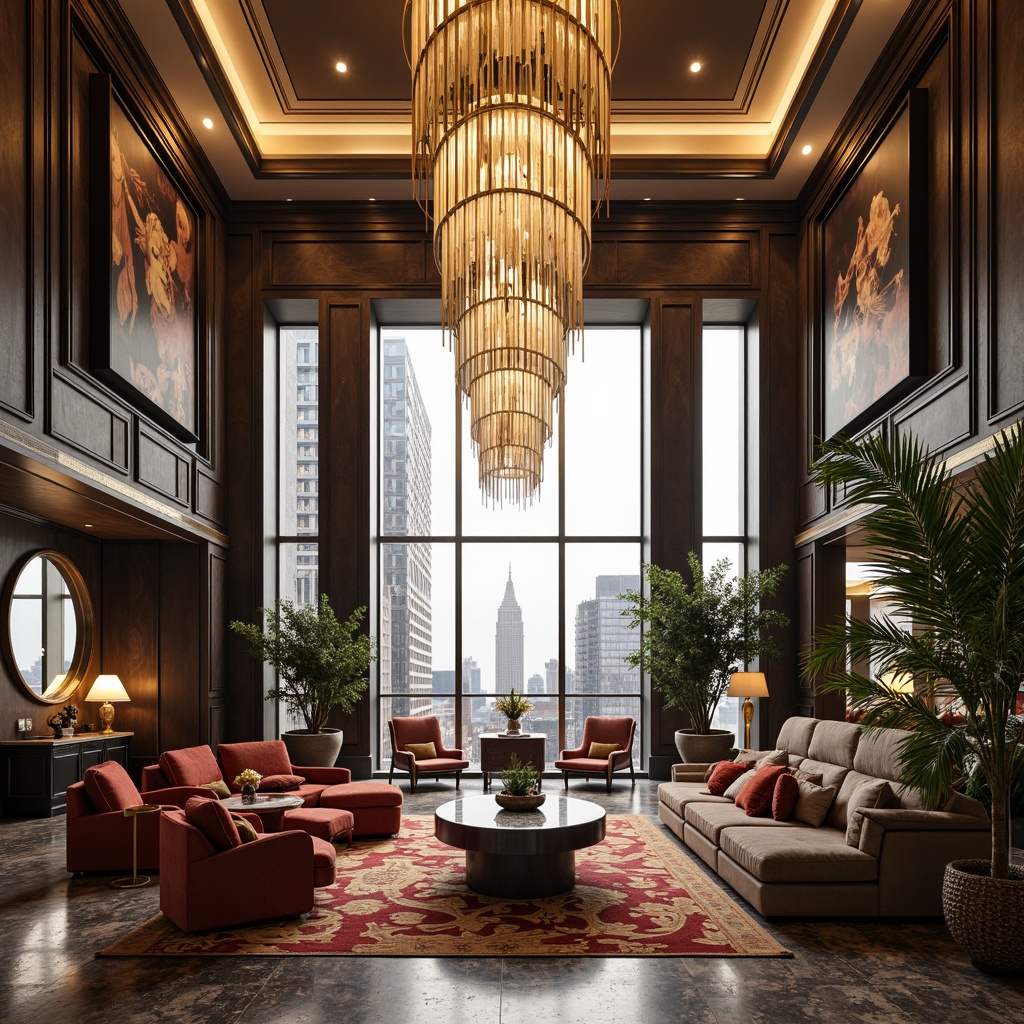 Prompt: Luxurious penthouse interior, opulent chandeliers, metallic accents, geometric patterns, rich velvet fabrics, marble floors, ornate mirrors, lavish furnishings, curved lines, symmetrical compositions, 1920s-inspired decor, bold color schemes, high-gloss finishes, metallic leafing, statement lighting fixtures, grand staircases, panoramic city views, floor-to-ceiling windows, neutral background tones, elegant textures, shallow depth of field, 2/3 composition, detailed ornaments, Art Deco motifs.