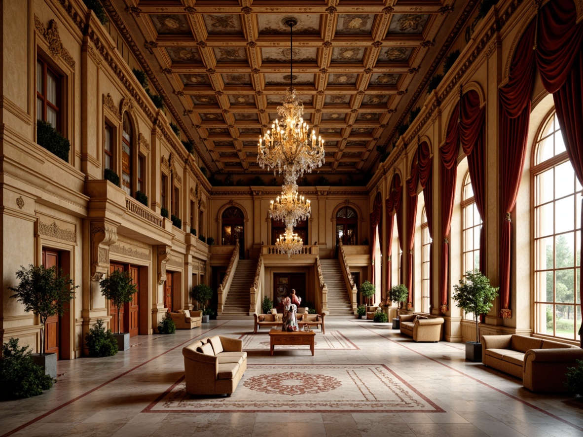 Prompt: \Renaissance-inspired palace, ornate stone floors, intricate marble patterns, warm golden wood tones, lavish tapestries, grand chandeliers, high ceilings, majestic staircases, regal furnishings, rich velvet fabrics, luxurious drapery, soft warm lighting, shallow depth of field, 3/4 composition, panoramic view, realistic textures, ambient occlusion.\