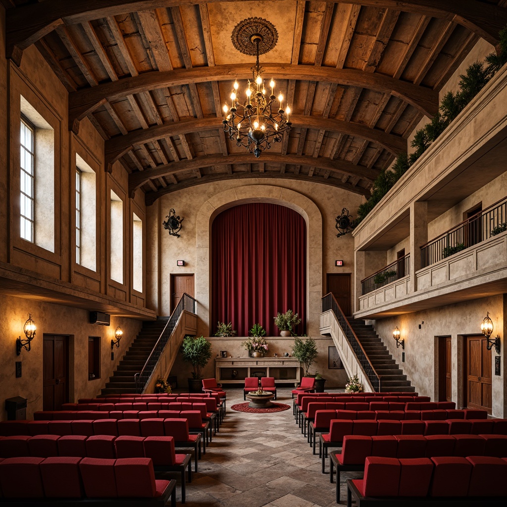 Prompt: Rustic opera house, farmhouse-inspired architecture, distressed plaster finishes, earthy color palette, rough-hewn wooden beams, vintage metal lanterns, ornate chandeliers, grand staircases, lavish drapery, rich velvet fabrics, soft warm lighting, shallow depth of field, 1/2 composition, symmetrical framing, realistic textures, ambient occlusion.