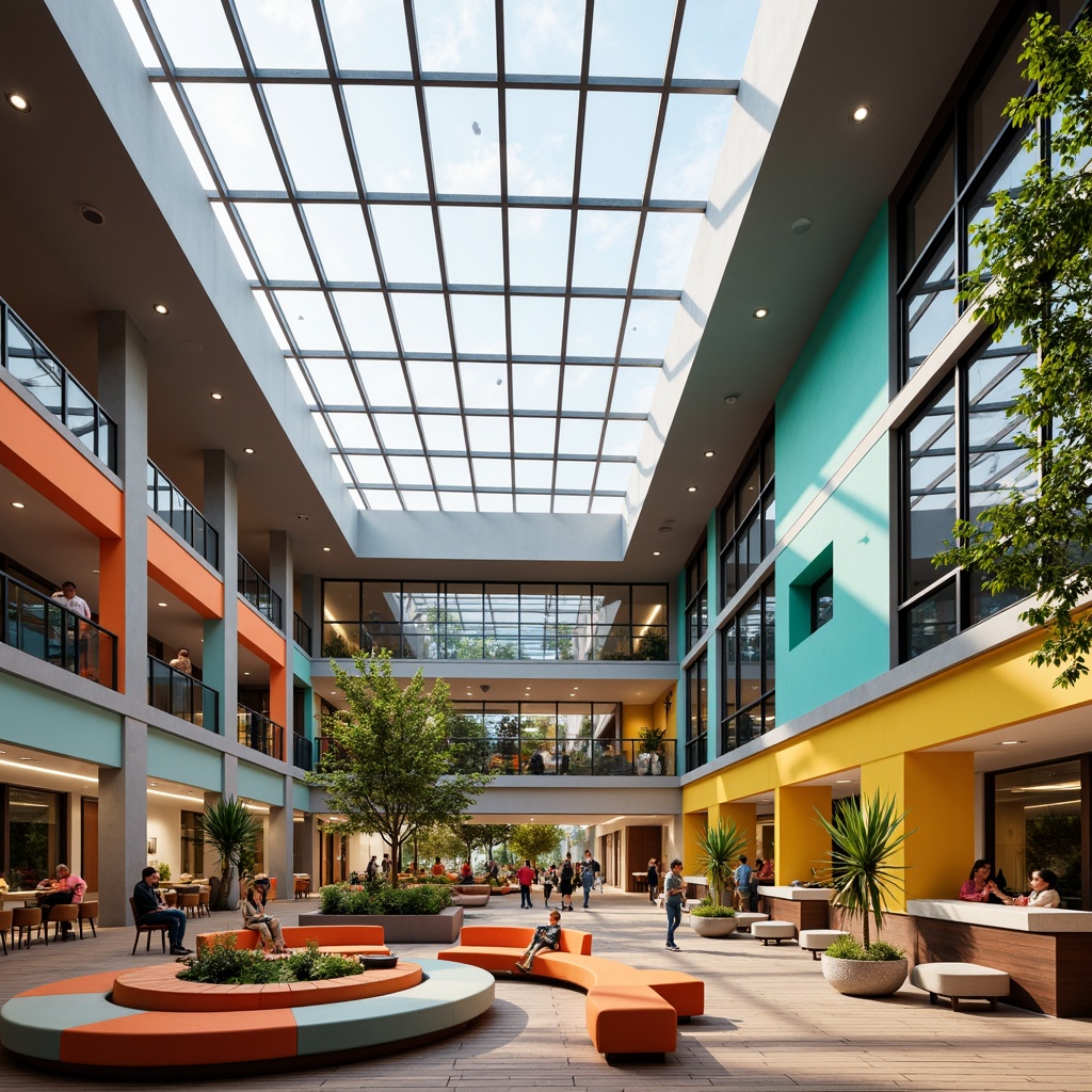 Prompt: Vibrant youth center interior, abundant natural light, clerestory windows, skylights, transparent roofs, reflective surfaces, minimalist decor, open spaces, communal areas, flexible seating, colorful accent walls, wooden flooring, plants, greenery, modern furniture, geometric patterns, ambient lighting, soft shadows, 1/1 composition, high ceilings, airy atmosphere, casual ambiance, warm color palette, inviting textures.