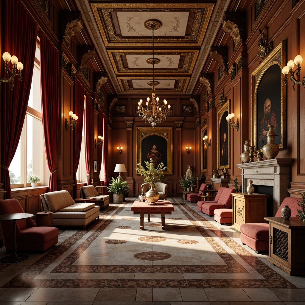 Prompt: Luxurious Renaissance-style interior, rich wood tones, ornate furnishings, velvet drapes, gold accents, warm candlelight, intricate patterns, Italian marble floors, frescoed ceilings, grand chandeliers, elegant archways, soft warm lighting, shallow depth of field, 3/4 composition, panoramic view, realistic textures, ambient occlusion.