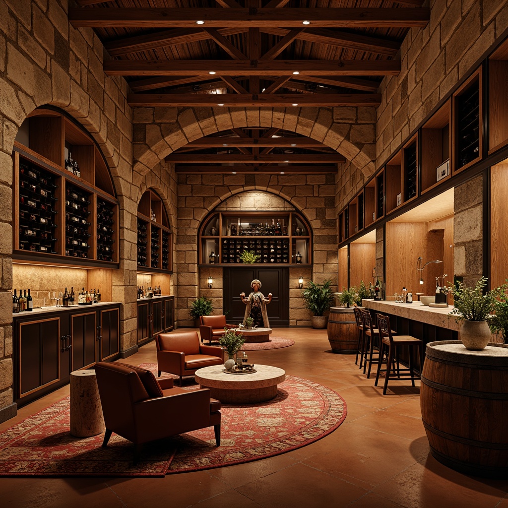 Prompt: Luxurious wine cellar, rustic stone walls, wooden wine racks, dim warm lighting, rich wood tones, polished metal accents, earthy terracotta floors, velvety soft carpets, natural stone countertops, ornate metalwork, vintage wine barrels, distressed leather armchairs, ambient candlelight, 1/1 composition, intimate atmosphere, warm color palette, realistic textures, subtle reflections.