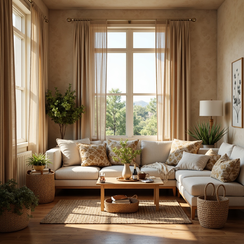 Prompt: Cozy living room, plush sofas, soft cushions, woven baskets, natural fiber rugs, warm beige walls, large windows, gentle sunlight, relaxing atmosphere, comfortable seating, elegant throw pillows, subtle patterns, calming colors, tactile textures, inviting ambiance, 3/4 composition, shallow depth of field, warm golden lighting, realistic renderings.