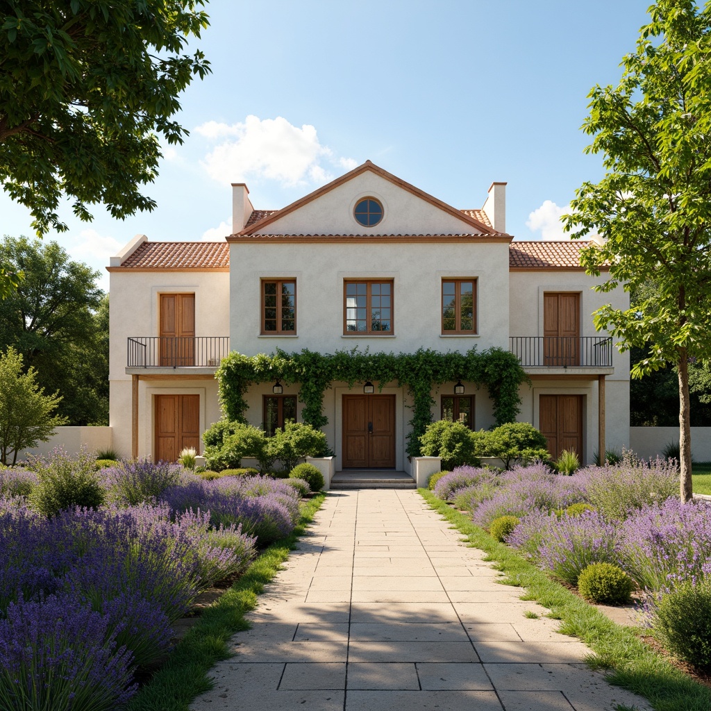 Prompt: Rustic French country schoolhouse, soft creamy walls, warm beige roofs, distressed wooden accents, vintage metal lanterns, weathered stone foundations, lush green ivy, blooming lavender fields, sunny afternoon light, soft warm shadows, 1/1 composition, realistic textures, ambient occlusion.