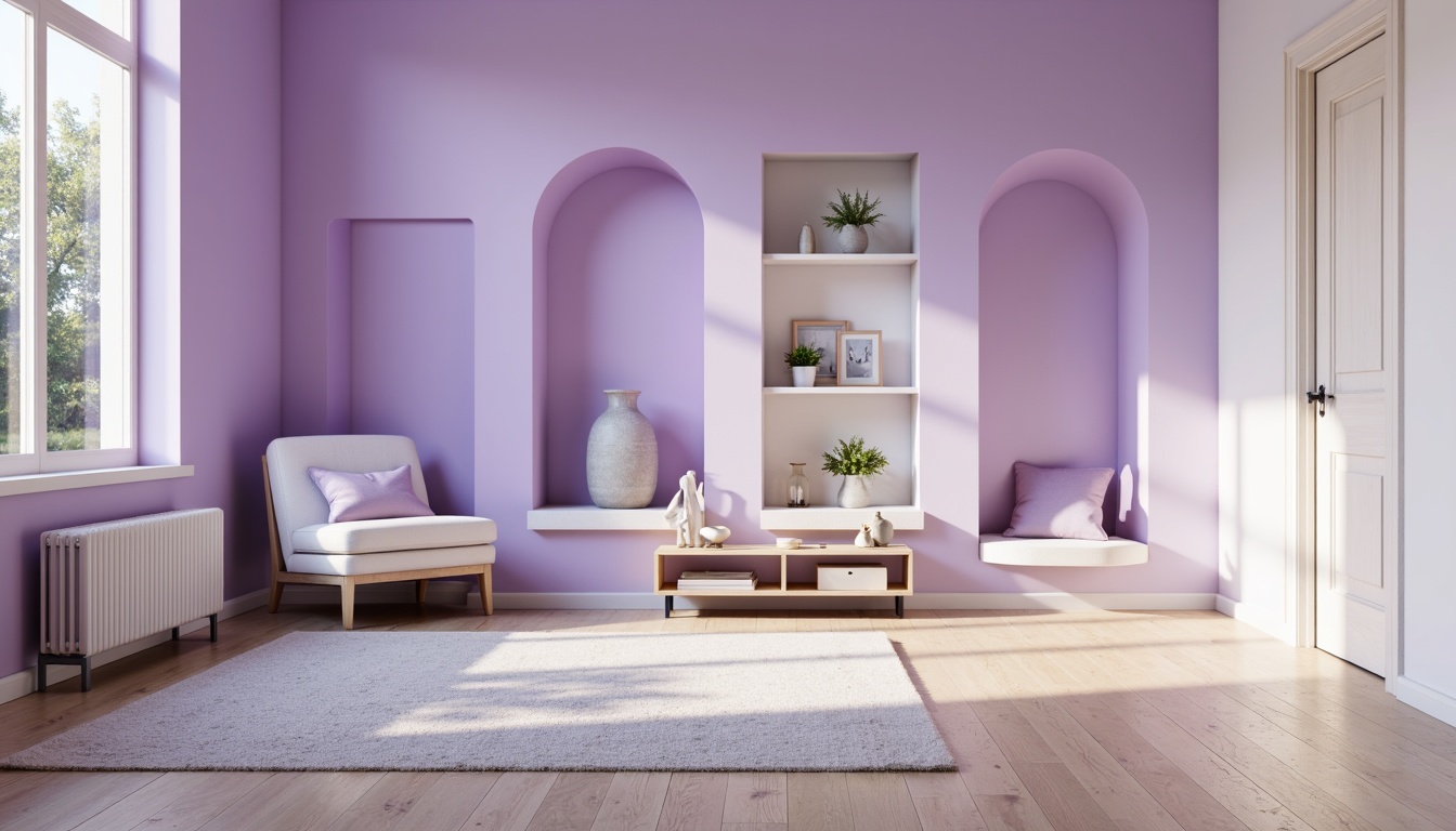 Prompt: Monochromatic purple hues, soft lavender accents, minimalist decor, clean lines, simple shapes, calm atmosphere, natural light, cream-colored walls, sleek wooden floors, low-profile furniture, subtle texture contrasts, matte finishes, understated elegance, cozy reading nooks, warm ambient lighting, shallow depth of field, 1/1 composition, realistic renderings, atmospheric perspective.