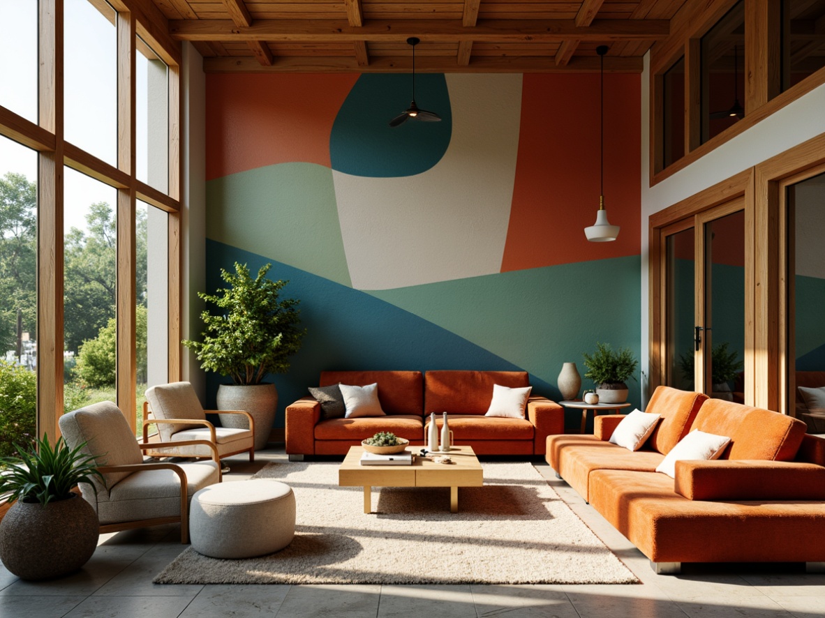 Prompt: Vibrant living room, bold accent walls, rich wood tones, plush velvet furniture, metallic gold accents, soft pastel hues, natural stone flooring, floor-to-ceiling windows, abundant greenery, warm cozy lighting, shallow depth of field, 1/1 composition, realistic textures, ambient occlusion.