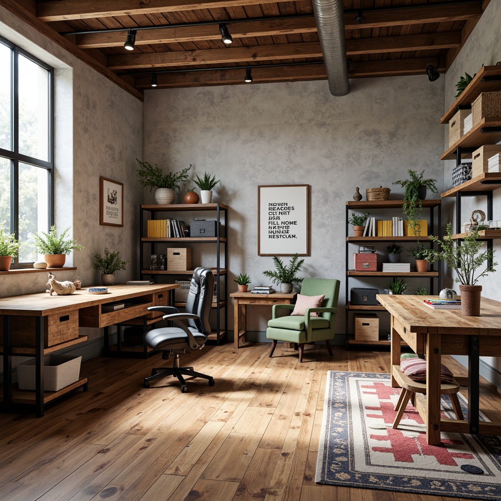 Prompt: Inspiring craft room, reclaimed wood tables, ergonomic chairs, abundant natural light, industrial metal shelving, colorful fabric storage bins, eclectic decorative accents, artistic paintings, inspirational quotes, cozy reading nook, plush area rug, modern track lighting, warm wooden flooring, creative freedom, 1/2 composition, softbox lighting, realistic textures, ambient occlusion.