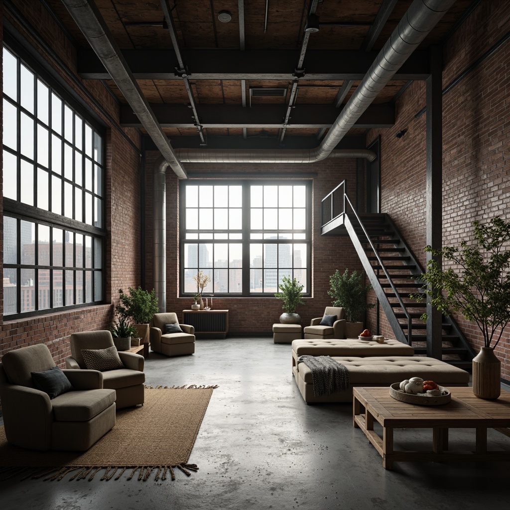 Prompt: Exposed brick walls, metal beams, industrial pipes, concrete floors, reclaimed wood accents, neutral color palette, soft ambient lighting, minimal decor, functional furniture, urban cityscape views, large factory windows, steel staircase, distressed textures, subtle shading, cinematic composition, 1/1 aspect ratio, realistic render, atmospheric fog, morning mist.