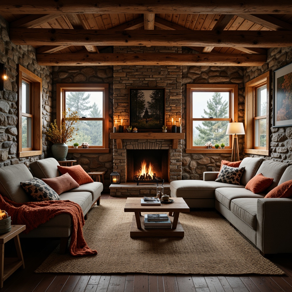 Prompt: Rustic cabin, wooden accents, natural stone walls, earthy tones, cozy fireplace, plush furnishings, woven textiles, vintage decorations, warm candlelight, soft blankets, wooden beam ceilings, exposed brick walls, distressed wood floors, nature-inspired artwork, autumnal colors, misty morning light, shallow depth of field, 1/2 composition, intimate atmosphere, realistic textures.