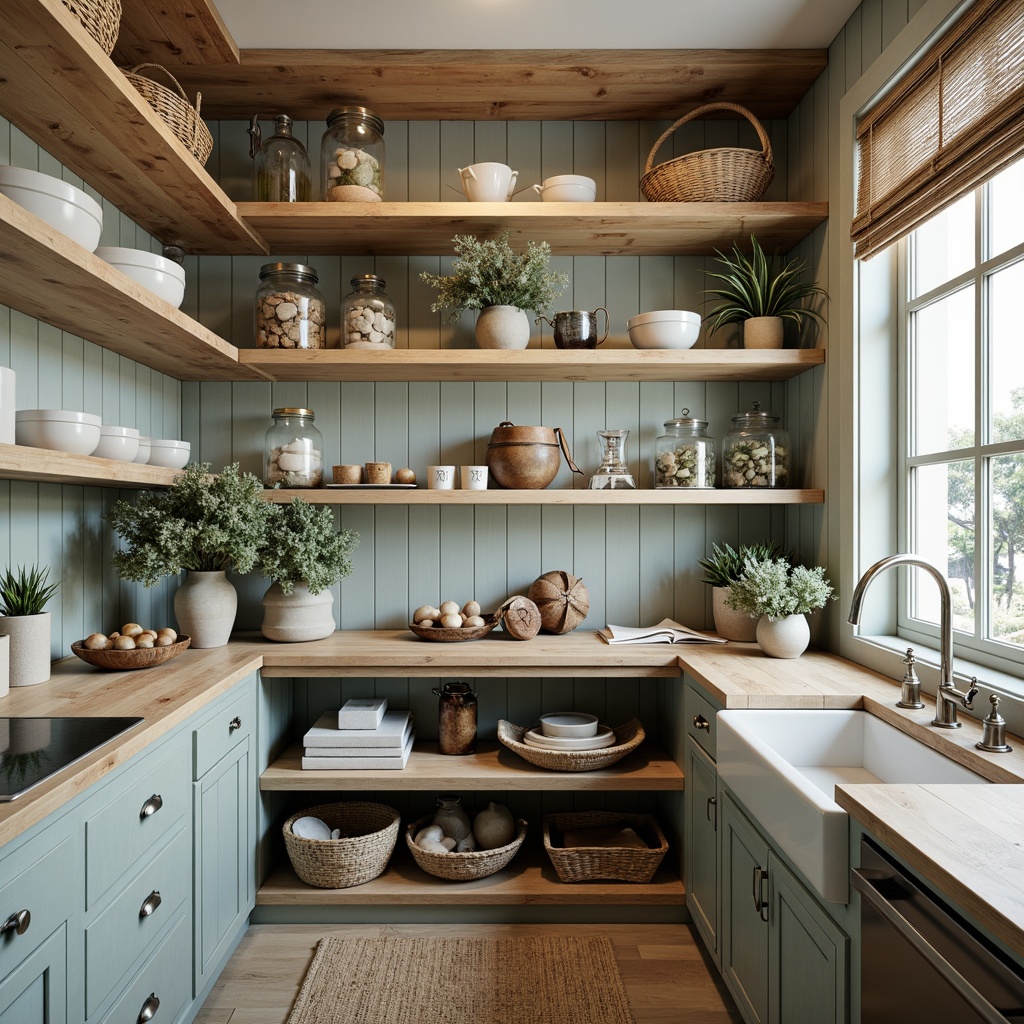 Prompt: Coastal pantry, beachy vibe, natural wood shelving, open storage, woven baskets, glass jars, sea-inspired decor, nautical accents, blue-green color scheme, rustic metal hardware, reclaimed wood countertops, ocean-breeze lighting, soft focus, 1/2 composition, symmetrical framing, warm ambient glow, subtle texture overlays.