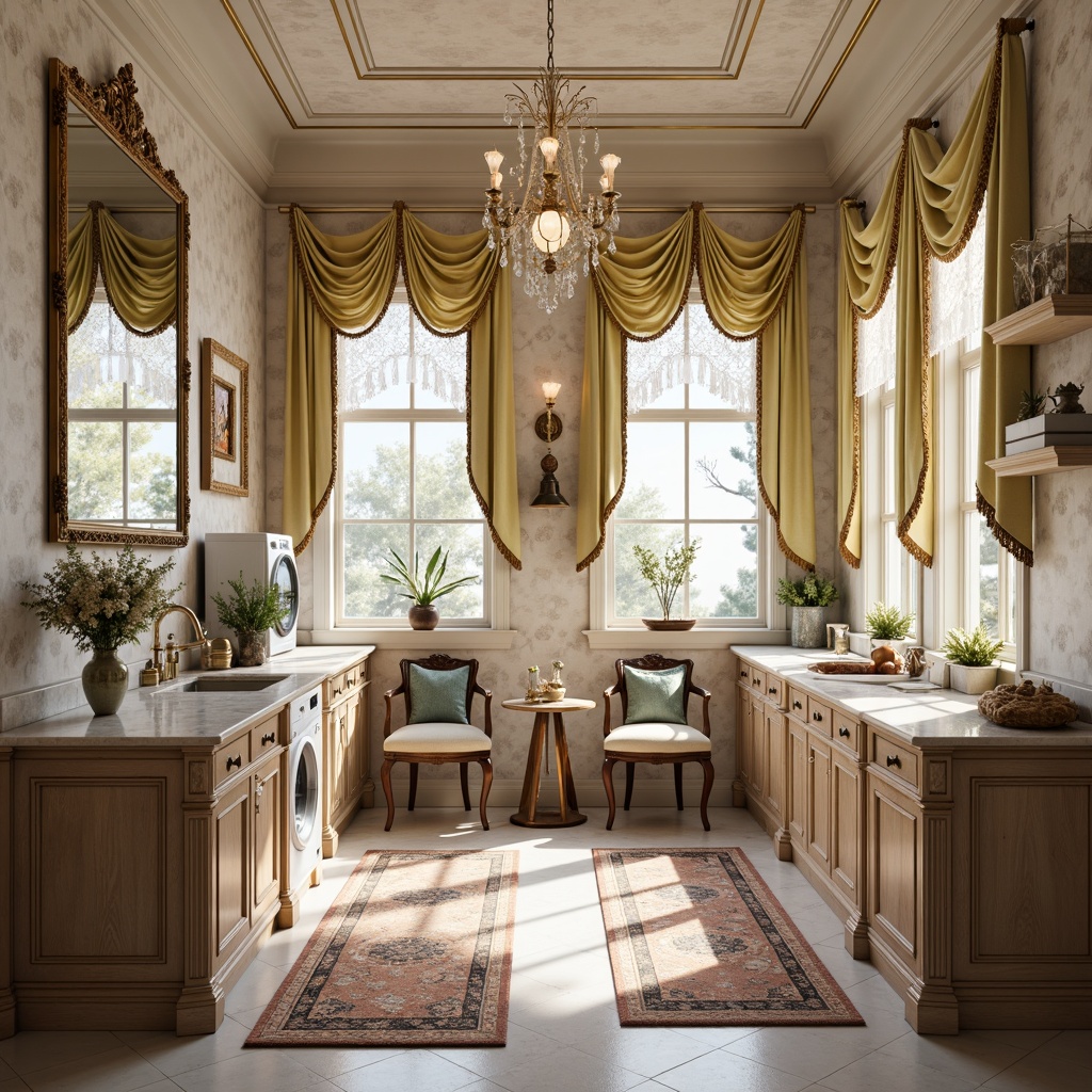 Prompt: Elegant laundry room, ornate furnishings, golden accents, soft pastel colors, velvet upholstery, carved wooden cabinetry, intricate marble countertops, crystal chandeliers, delicate lace curtains, antique bronze fixtures, ornamental mirrors, plush area rugs, curved legs, cabriole chairs, gilded frames, soft warm lighting, shallow depth of field, 1/2 composition, realistic textures, ambient occlusion.