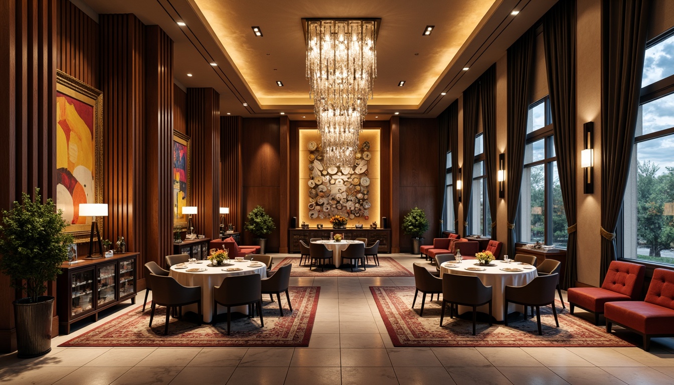 Prompt: Elegant dining hall, luxurious chandeliers, refined wood paneling, ornate mirrors, sophisticated artwork, lavish textiles, velvety drapes, modern sconces, metallic accents, geometric patterns, abstract sculptures, statement walls, bold color schemes, natural stone flooring, plush area rugs, floor-to-ceiling windows, soft warm lighting, atmospheric ambiance, 1/1 composition, realistic reflections.