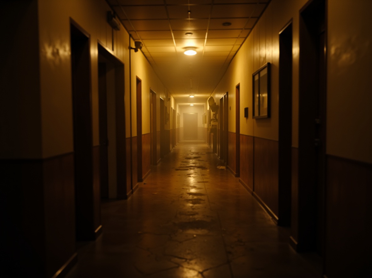 Prompt: Dimly lit corridors, warm golden lighting, cinematic color grading, mysterious shadows, foggy atmosphere, eerie sound effects, 3D modeled environments, dramatic spotlighting, low-key lighting, high contrast ratios, atmospheric lens flares, subtle camera movements, realistic ambient occlusion, soft focus blur, shallow depth of field, cinematic composition, wide-angle shots, ominous soundtrack, dark mood tone, gothic architecture, ancient stone walls, mysterious laboratories, abandoned asylums.