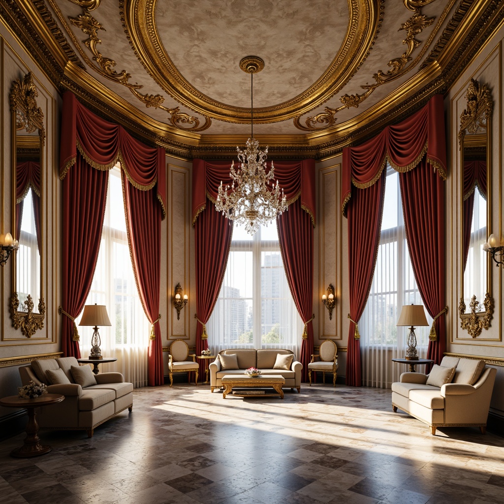 Prompt: Luxurious Baroque interior, rich gold accents, ornate mirrors, velvet drapes, crystal chandeliers, intricate carvings, marble floors, lavish furnishings, warm beige walls, deep crimson reds, regal blues, soft creamy whites, subtle silver undertones, dramatic lighting, opulent textures, highly ornate details, 3/4 composition, shallow depth of field, panoramic view.