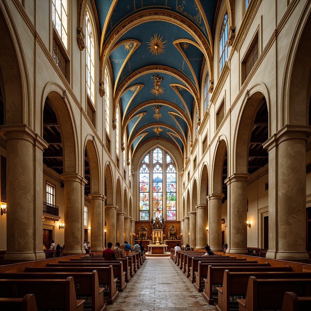 Prompt: Intricate stone carvings, grandiose domes, vibrant stained glass windows, ornate golden details, solemn atmosphere, spiritual ambiance, natural light pouring in, warm beige walls, cool blue ceilings, rich wooden pews, intricate tile work, sacred symbols, subtle texture variations, soft warm lighting, shallow depth of field, 3/4 composition, realistic textures, ambient occlusion.