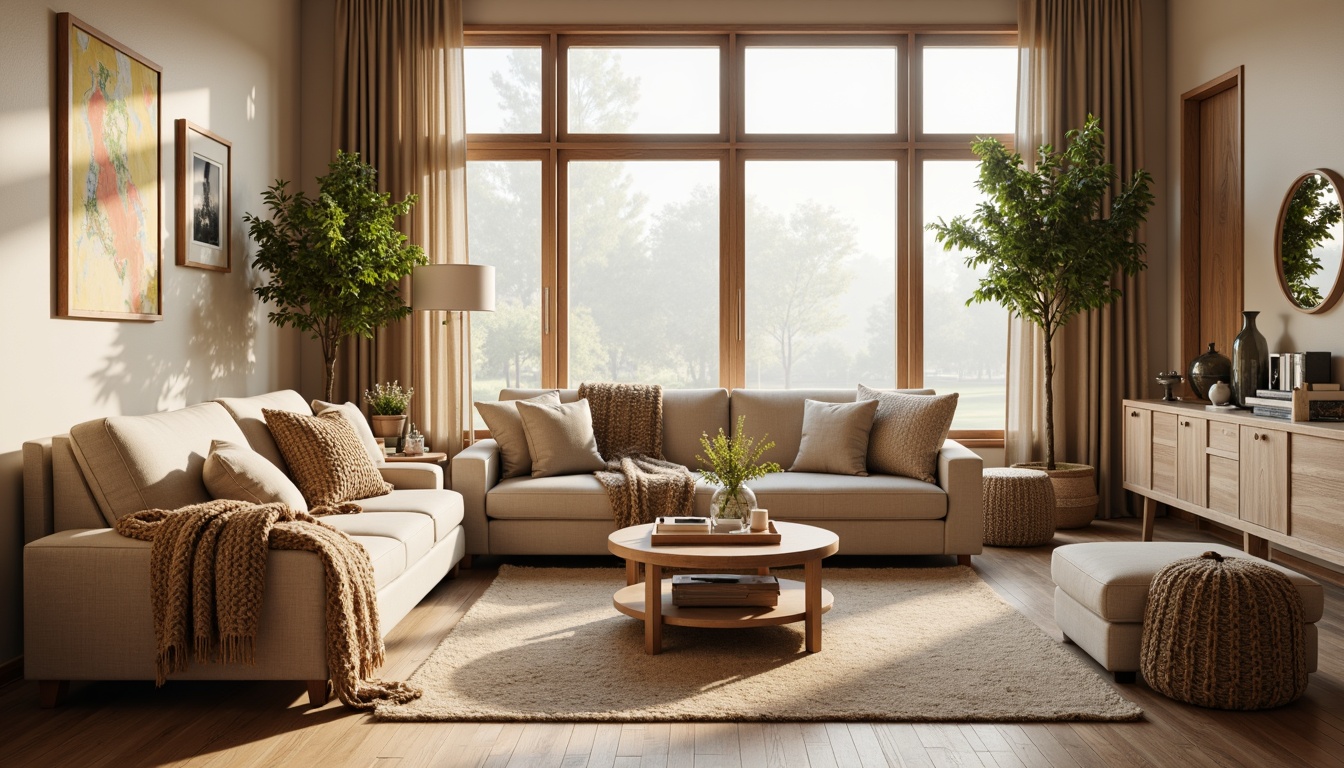 Prompt: Cozy living room, plush throw blankets, soft velvet sofas, comfortable chunky knit pillows, natural fiber rugs, warm beige walls, large windows, gentle daylight, soothing ambient lighting, minimalist decor, modern furniture design, subtle patterned fabrics, calming color palette, inviting atmosphere, relaxing ambiance, shallow depth of field, 3/4 composition, realistic textures.