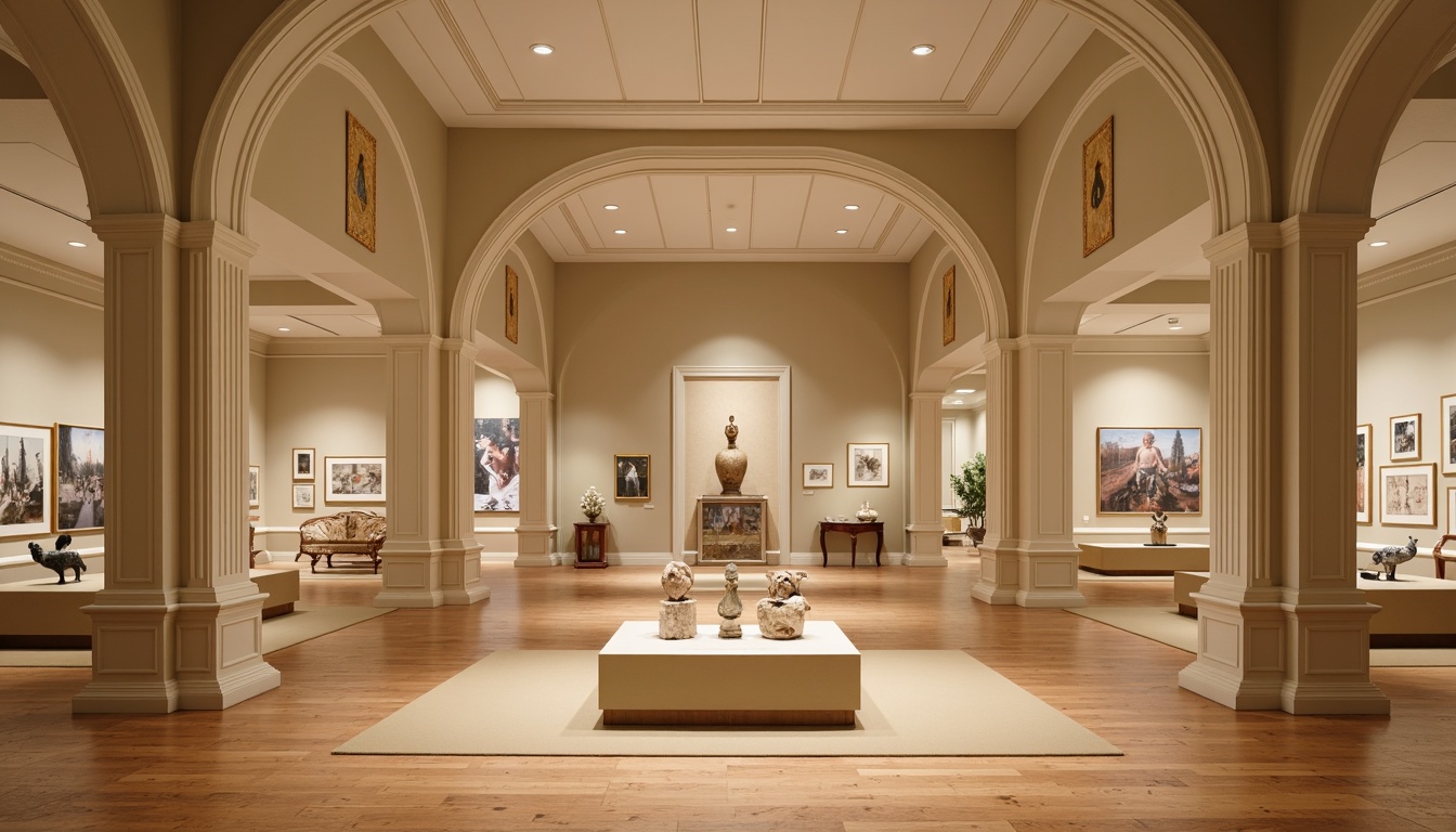 Prompt: Soothing museum atmosphere, warm beige walls, rich wooden floors, elegant cream-colored columns, subtle gold accents, soft diffused lighting, calm ambient sounds, gentle curved lines, minimal ornamentation, spacious open areas, natural stone pedestals, glass display cases, vibrant artwork, eclectic artifact collections, neutral background colors, harmonious color transitions, 1/1 composition, shallow depth of field, soft focus blur.