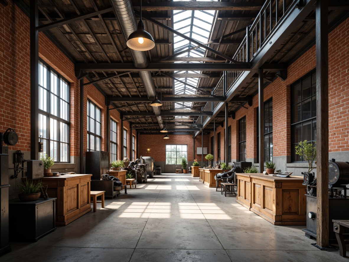 Prompt: Warehouse industrial interior, exposed steel beams, brick walls, polished concrete floors, metal columns, wooden crates, vintage machinery, distressed finishes, urban loft atmosphere, high ceilings, natural light pouring through skylights, industrial pendant lamps, eclectic decorative items, rough-textured stonework, earthy color palette, warm afternoon lighting, shallow depth of field, 1/2 composition, gritty realistic textures, subtle ambient occlusion.