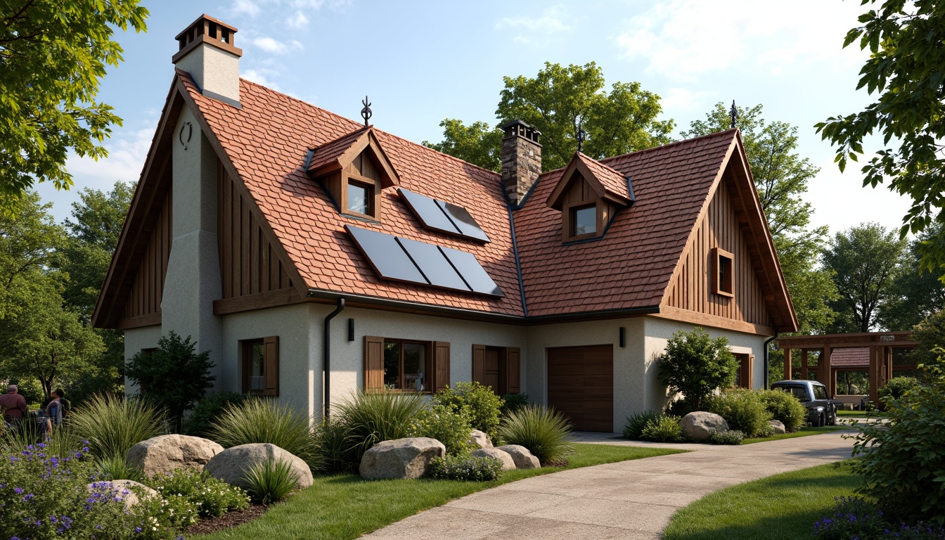 Prompt: Rustic traditional house, steeply pitched roof, terra cotta tiles, ornate chimneys, wooden beams, natural stone walls, earthy color palette, lush greenery, blooming flowers, sunny day, soft warm lighting, shallow depth of field, 3/4 composition, panoramic view, realistic textures, ambient occlusion, modern innovative roofing materials, solar panels, energy-efficient systems, eco-friendly design, sustainable building practices, weathered copper accents, decorative roof finials, ornate gutter systems.