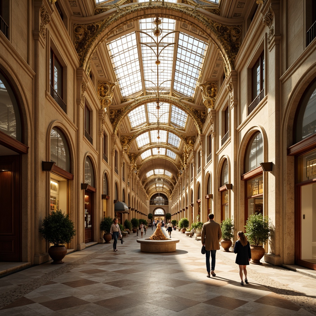 Prompt: Grand shopping arcade, ornate ceilings, intricate moldings, gilded details, stained glass skylights, sweeping archways, sinuous lines, flowing curves, organic forms, luxurious chandeliers, polished marble floors, rich textiles, lavish furnishings, warm golden lighting, soft focus, shallow depth of field, 2/3 composition, symmetrical framing, highly detailed textures, ambient occlusion.