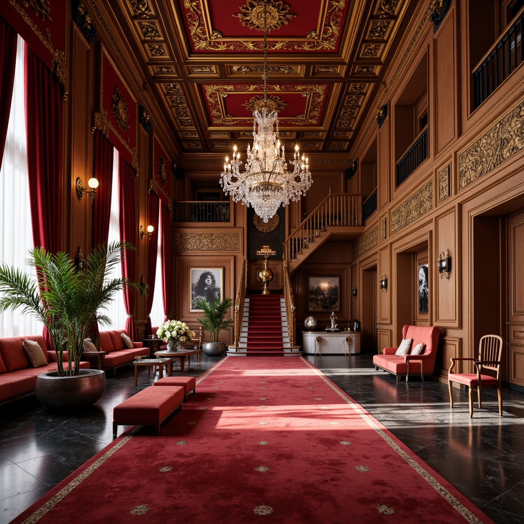 Prompt: Rich velvet fabrics, ornate golden accents, luxurious wooden paneling, intricate moldings, lavish crystal chandeliers, vibrant red carpets, elegant marble floors, opulent furnishings, majestic high ceilings, grandiose staircases, warm soft lighting, dramatic shadows, 1/1 composition, realistic reflections, ambient occlusion.