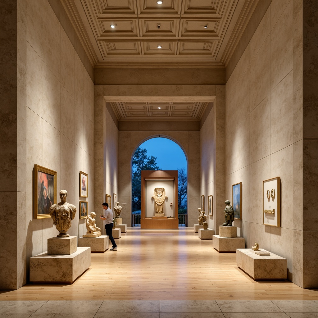 Prompt: Elegant museum exterior, neoclassical architecture, marble columns, grand entrance, subtle warm lighting, neutral beige walls, rich wood flooring, soft cream accents, calming blue undertones, serene atmosphere, natural stone pedestals, minimalist exhibit design, refined metal fixtures, sophisticated typography, warm track lighting, 1/2 composition, shallow depth of field, realistic textures.