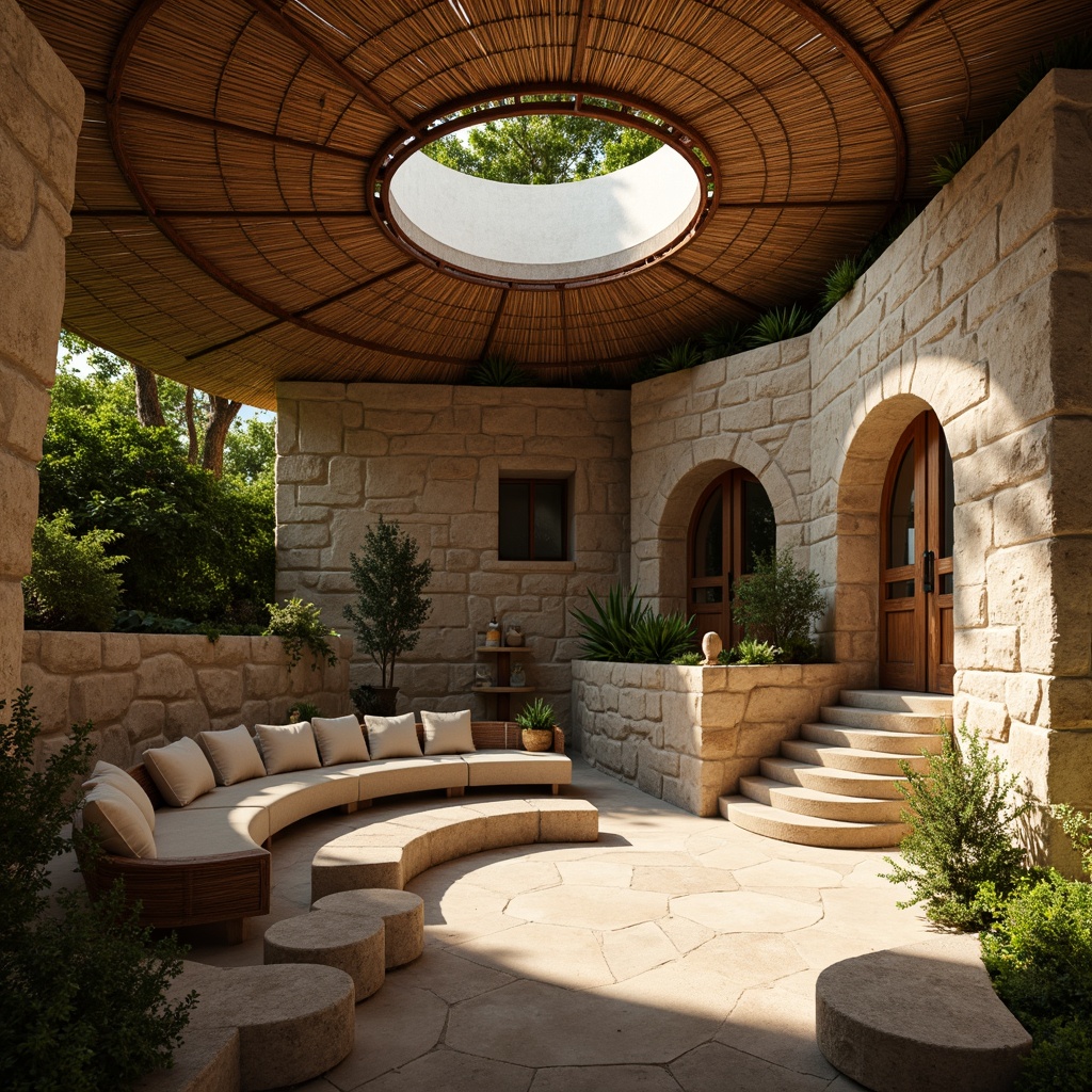 Prompt: \Earth-toned amphitheater interior, reclaimed wood seating, natural stone walls, living green walls, organic shapes, curved lines, warm beige flooring, woven bamboo ceiling, soft diffused lighting, rustic metal accents, earthy aroma, cozy atmospheric ambiance, 1/2 composition, shallow depth of field, realistic textures, ambient occlusion.\