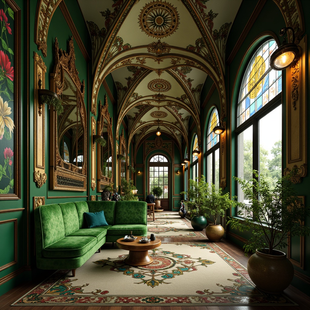 Prompt: \Opulent Art Nouveau interior, sinuous organic lines, flowing curves, intricate ornaments, luxurious velvet fabrics, rich jewel-toned colors, emerald green walls, golden accents, bronze fixtures, ornate mirrors, stained glass windows, natural floral patterns, whimsical illustrations, warm soft lighting, shallow depth of field, 1/1 composition, realistic textures, ambient occlusion.\