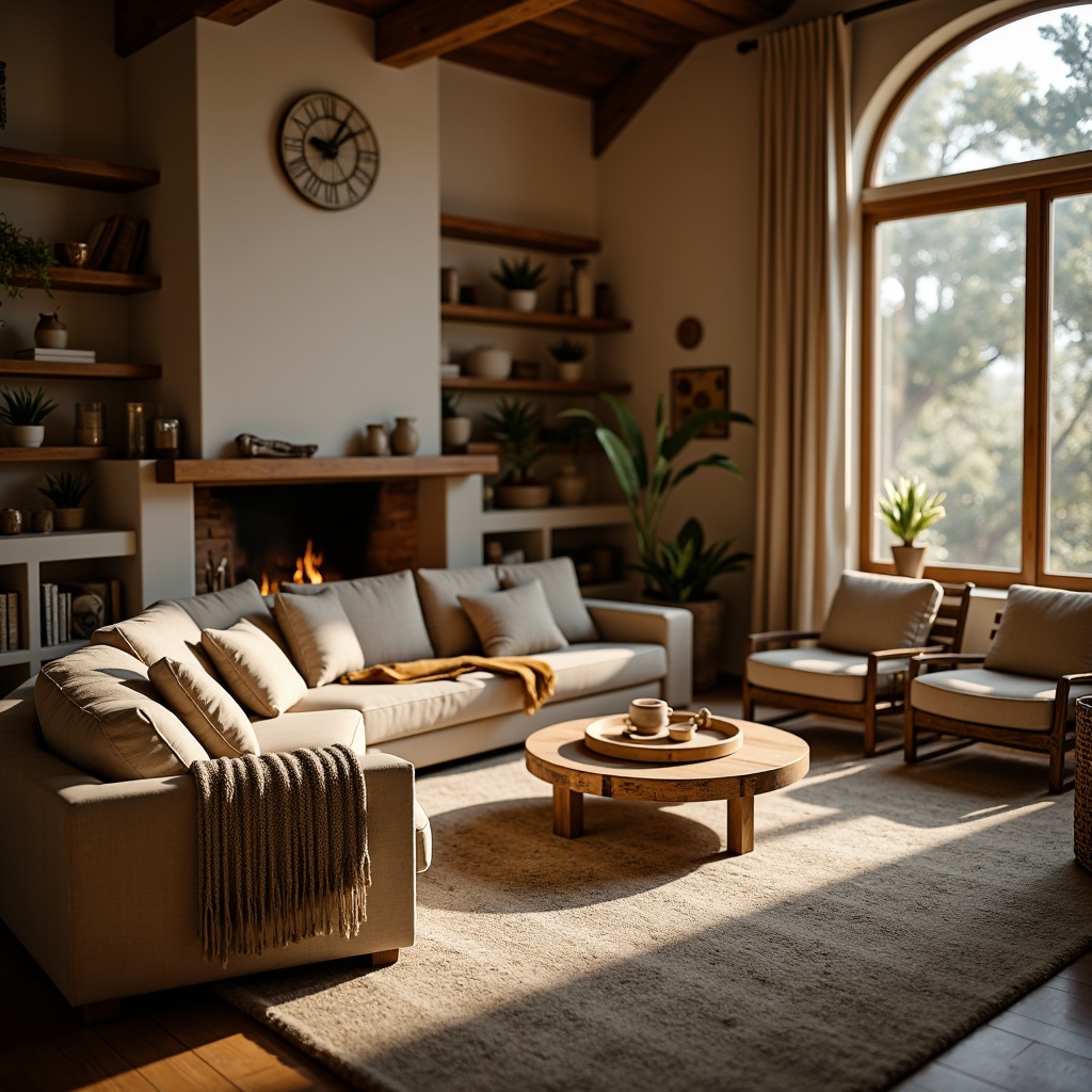 Prompt: Cozy living room, plush area rug, soft velvety sofa, warm beige walls, comfortable throw pillows, rustic wooden coffee table, crackling fireplace, woven basket chairs, natural fiber upholstery, cable-knit blanket, ambient warm lighting, shallow depth of field, 1/2 composition, inviting atmosphere, realistic textures, subtle shadows.