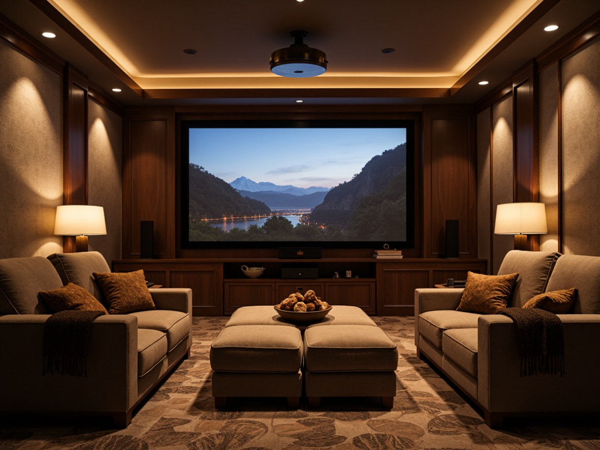 Prompt: Cozy home theater, plush reclining seats, dark wood accents, soft velvet upholstery, cinematic widescreen display, immersive surround sound speakers, dimmable floor lamps, rich brown carpeting, warm beige walls, comfortable ottomans, stylish coffee tables, 3/4 composition, shallow depth of field, panoramic view, realistic textures, ambient occlusion.