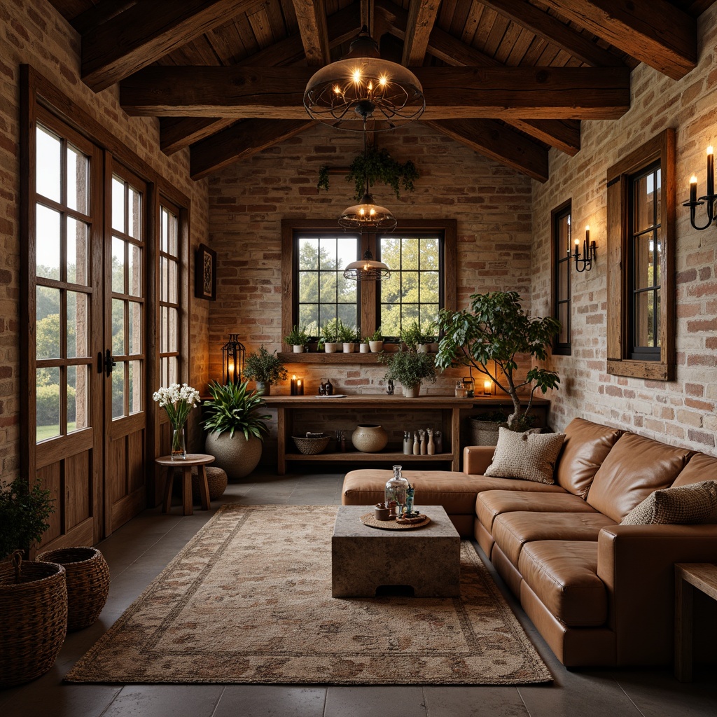 Prompt: Rustic wooden beams, reclaimed barn wood, distressed finishes, earthy color palette, stone walls, rugged brick textures, vintage metal accents, worn leather upholstery, natural fiber rugs, woven baskets, candlelit ambiance, warm golden lighting, shallow depth of field, 1/2 composition, intimate cozy atmosphere, organic shapes, imperfect imperfections, aged patina.